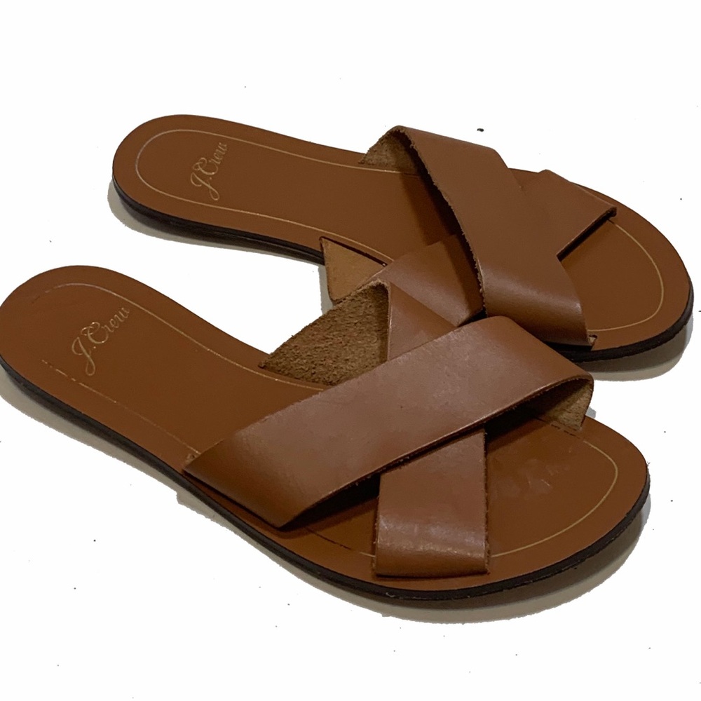 J. Crew Brown Leather Crisscross Slide Sandals
